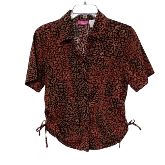 Animal Print Camp Shirt Black Brown Red Top Button Up Side Ties Womens Petite SM - Picture 1 of 11